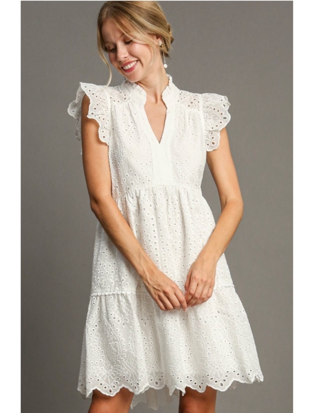 Umgee White Eyelet Ruffle Sleeve Mini Dress